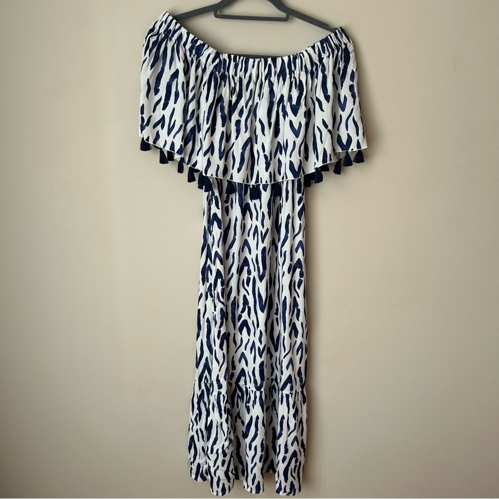 La Mer Luxe Off The Shoulder Navy Blue White Pattern Maxi Dress Size Small
